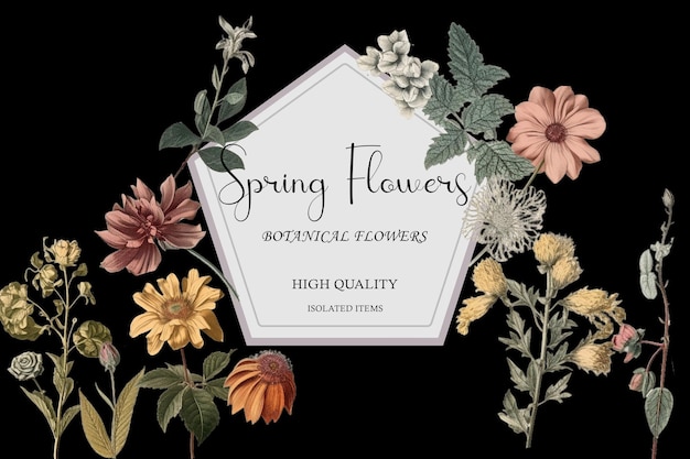 a poster for spring flowers is shown with a white border.