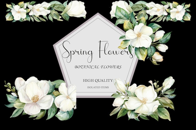 A poster for spring flowers with white flowers.