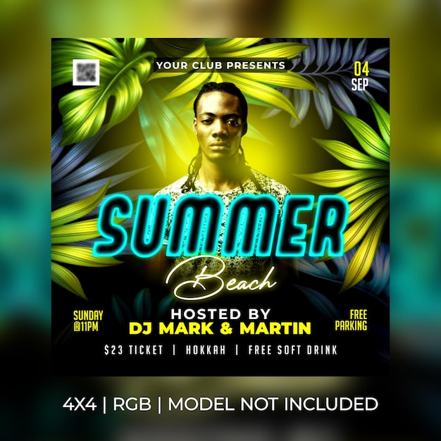 a poster for summer beach club with a man on the cover Summer party flyer social media post and web