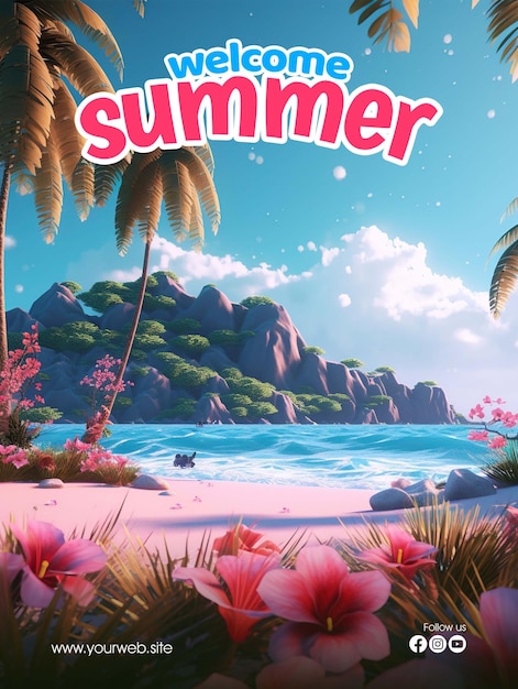 PSD a poster for a summer beach with palm trees and flowers