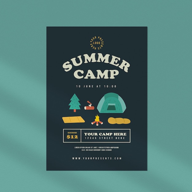A poster for summer camp that is on a blue background.