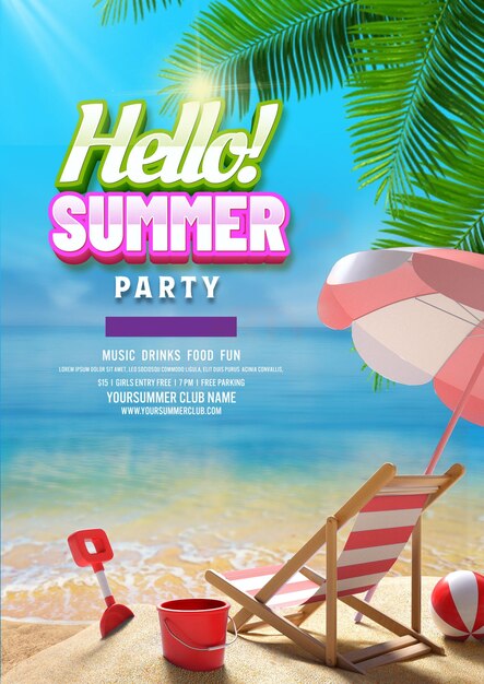 A poster for a summer party with a beach chair and umbrella.