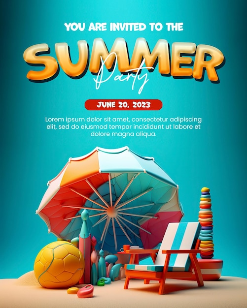 A poster for a summer party with a beach umbrella and a beach chair