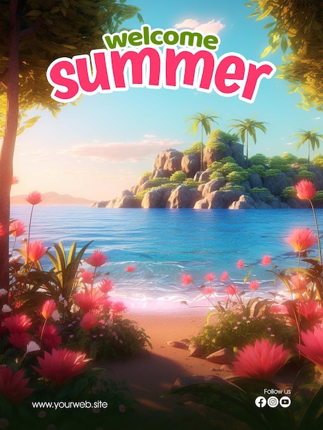 A poster for a summer party with pink flowers and a tropical island