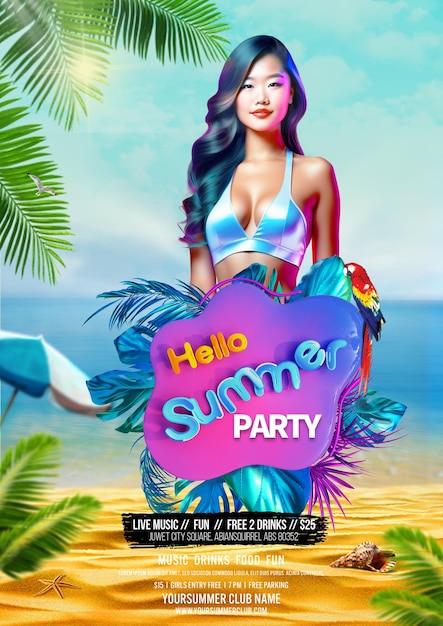 A poster for a summer party with a woman on the beach.