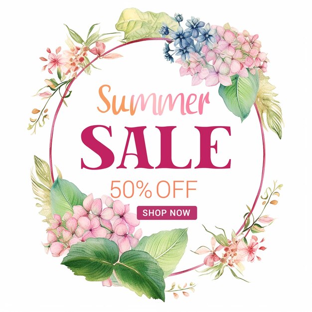 A poster for a summer sale with flowers and leaves.