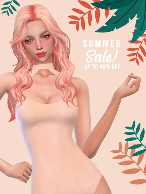 a poster for summer sale with a pink hair style