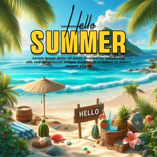 A poster for summer vacation with a beach scene and palm trees