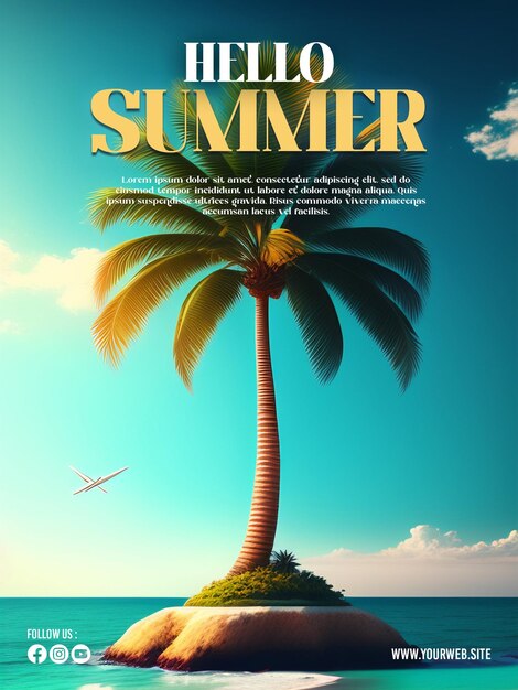 PSD a poster for a summer vacation with a palm tree on it.