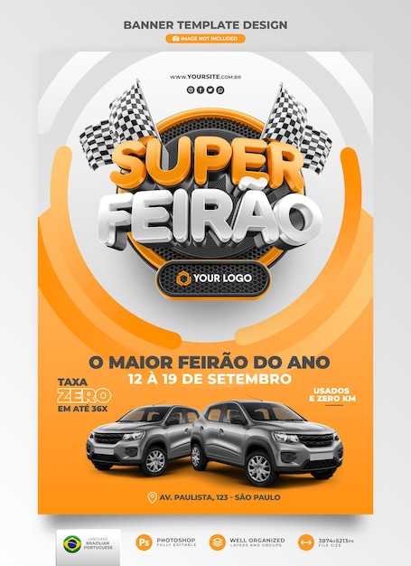 Poster super car fair in portuguese 3d render for marketing campaign in brazil