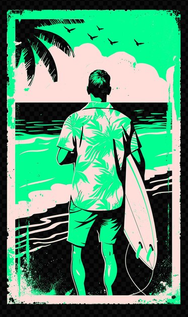 PSD a poster for a surfer with a green background with a man holding a surfboard