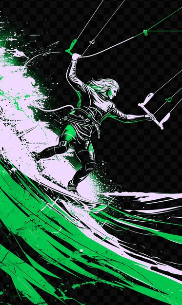 A poster of a surfer with a sword and a sail