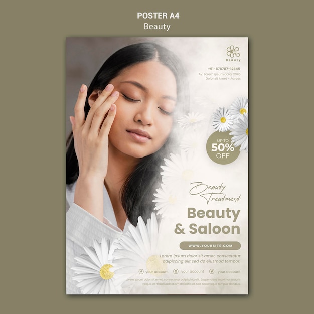 PSD poster template for beauty and spa with woman and chamomile flowers