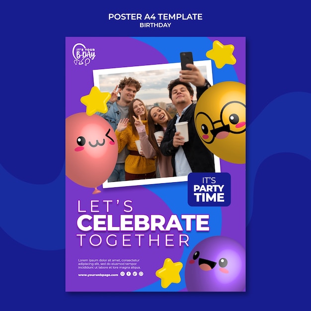 PSD modello di poster per la festa di compleanno con palloncini divertenti