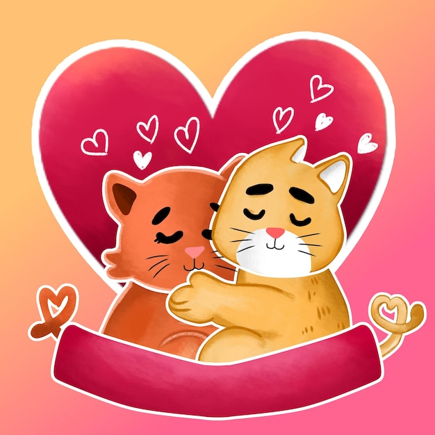 심장 배경과 그라디언트와 함께 안고 있는 귀여운 고양이의 일러스트레이션으로 포스터 템플릿 디자인