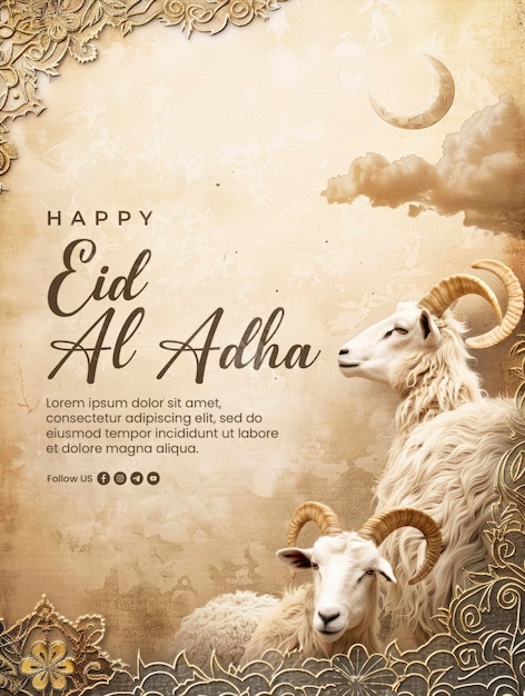 PSD poster template for happy eid aladha with goat and sheep on islamic background with clouds
