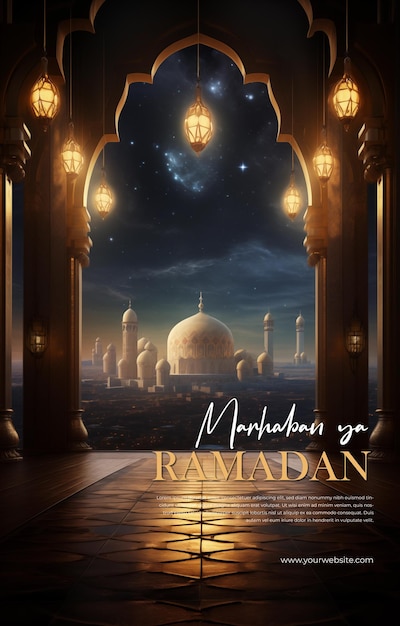 Плакат шаблон рамадан с мечетью исламского фона идеально подходит для публикации в социальных сетях