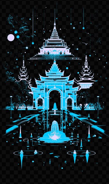 PSD a poster for a temple with a water fountain and a fountain in the middle