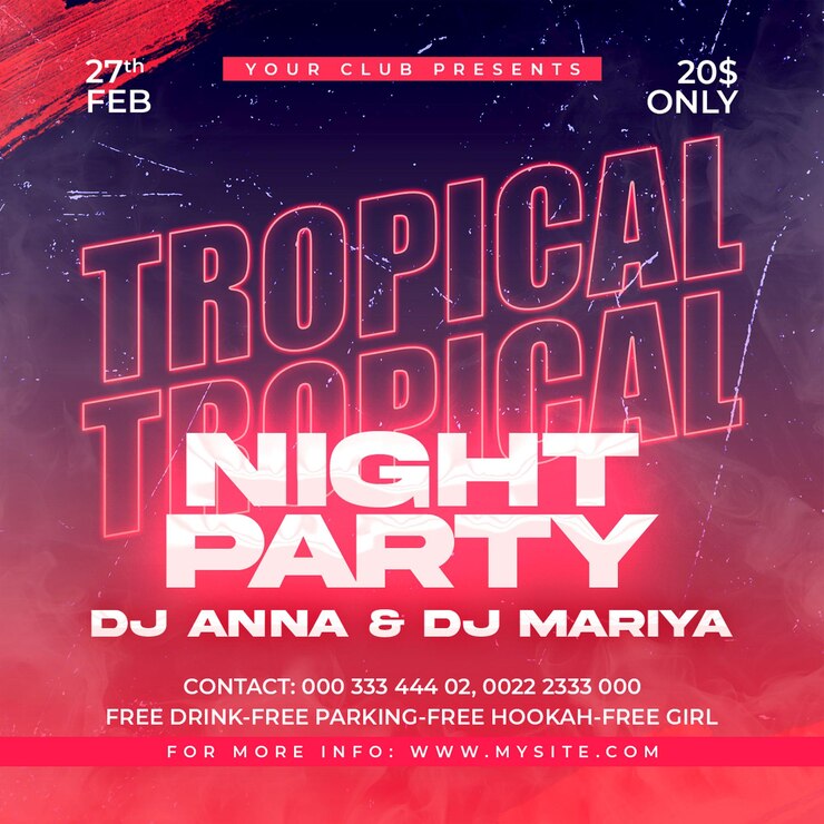 A poster for a tropical party with the words " night party " on it.
