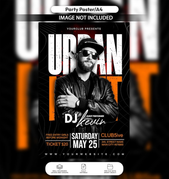 A poster for urban night with a man in a leather jacket and sunglasses.