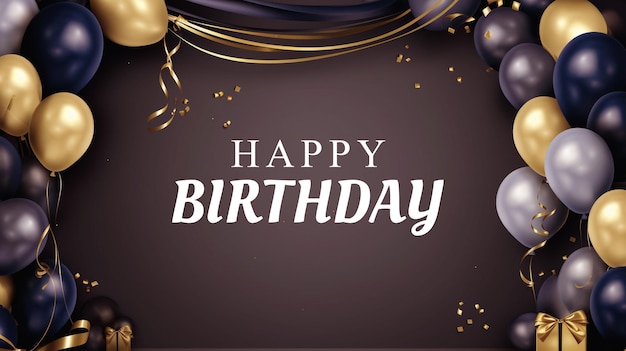 PSD poster urodzinowy z balonami, tortem urodzinowym i pudełkiem podarunkowym backdrop background psd