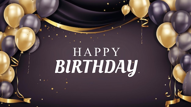 PSD poster urodzinowy z balonami, tortem urodzinowym i pudełkiem podarunkowym backdrop background psd