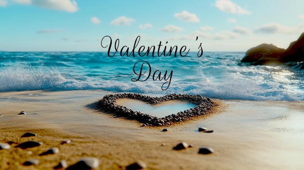 a poster for valentine  s day on the beach with a heart drawn on it