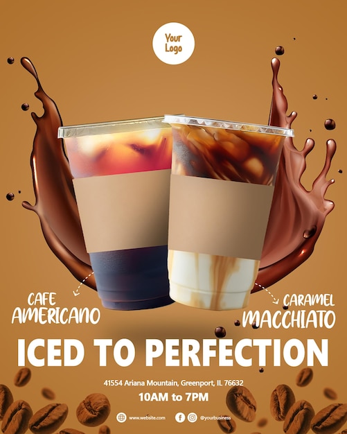 PSD poster van café americano en caramel macchiato