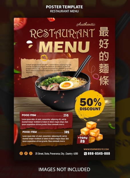 Poster van het menu van het restaurant met korting