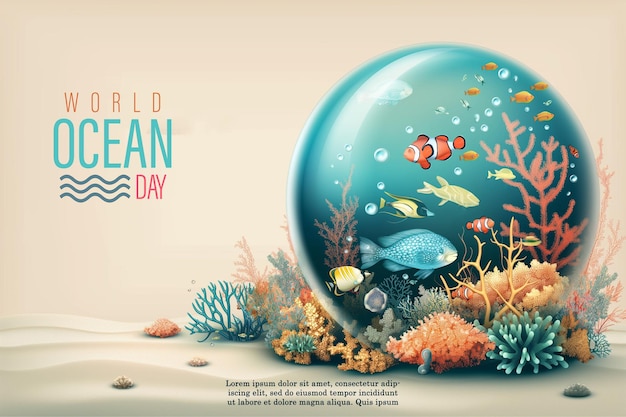 PSD poster voor wereld oceaan dag met een glazen aquarium vis schaal met beige achtergrond
