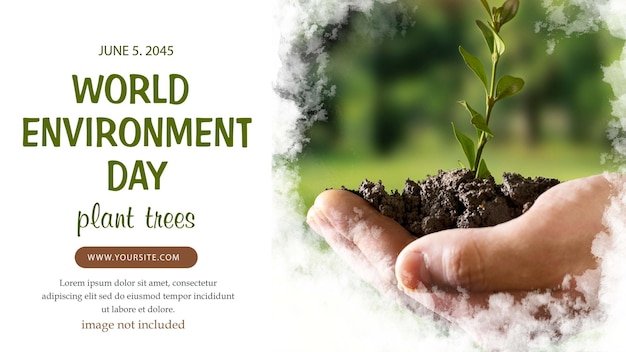 Poster voor wereldwijde milieubescherming met een handhoudende plant en de tekst wereld in zwart let