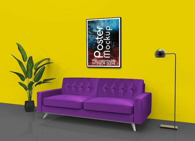 PSD poster da parete mockup con scena interna personalizzabile