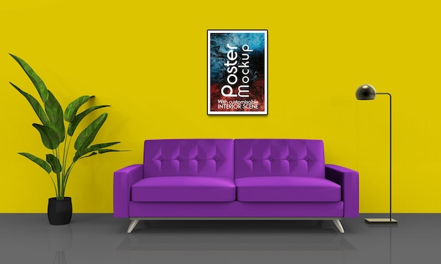 PSD poster da parete mockup con scena interna personalizzabile