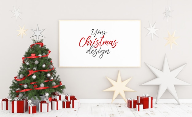 Poster su una parete con mockup di decorazioni natalizie