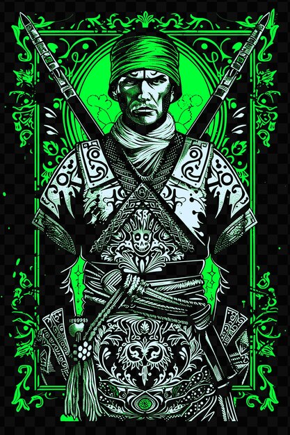 A poster for a warrior with a green background