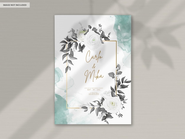 A poster for a wedding with a frame of roses and a frame of leaves.