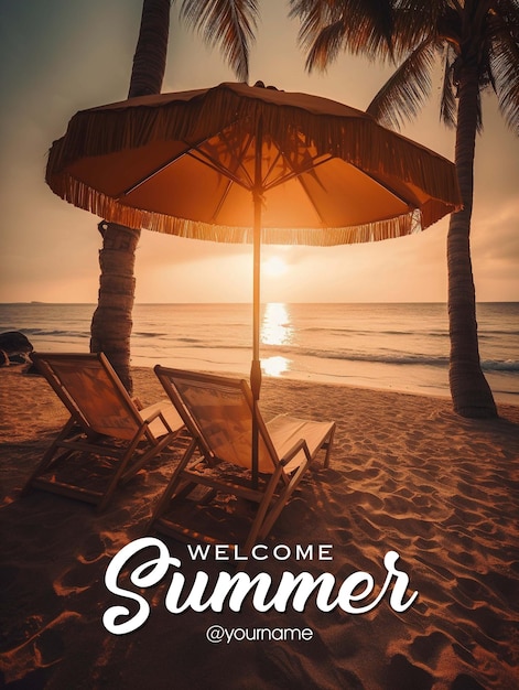 PSD a poster for welcome summer with a beach umbrella and a beach chair