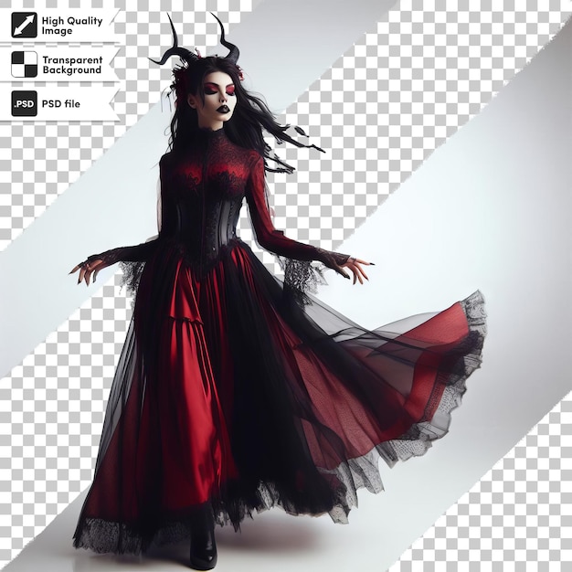 PSD a poster for a witch with a red dress and a black mask