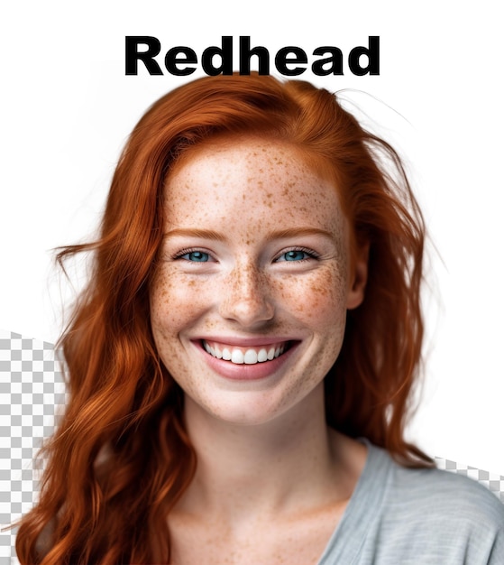 A poster with a beautiful woman with freckles on the face and the word redhead on the top