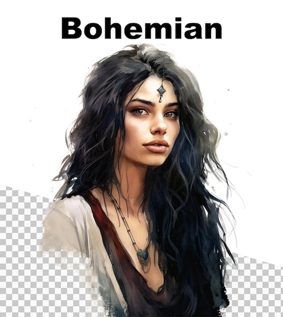 PSD a poster with a bohemian woman and the word bohemian on the top