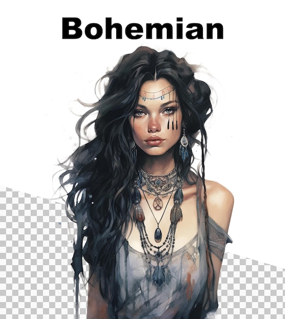 PSD a poster with a bohemian woman and the word bohemian on the top