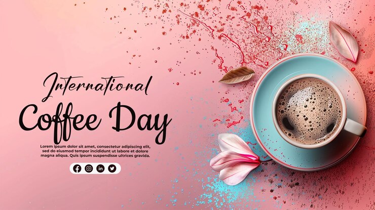poster with a cup of coffee and a flower on it