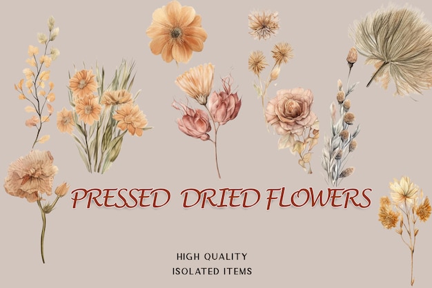 A poster with different flowers on it that says pressed dried flowers.