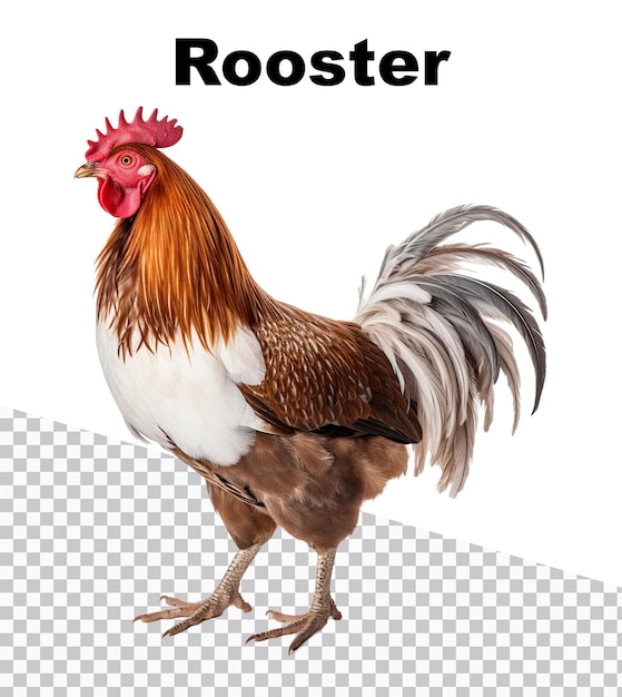 PSD a poster with a free range rooster and the word rooster on the top