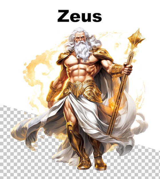 A poster with the God Zeus and the word Zeus on the top