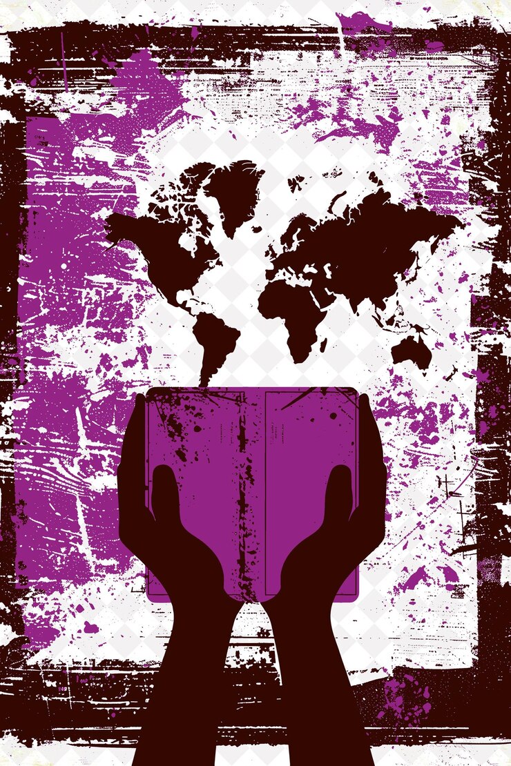 PSD a poster with hands holding a map of the world