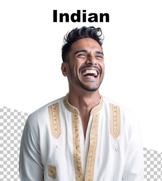 PSD a poster with an indian man smiling and the word indian on the top