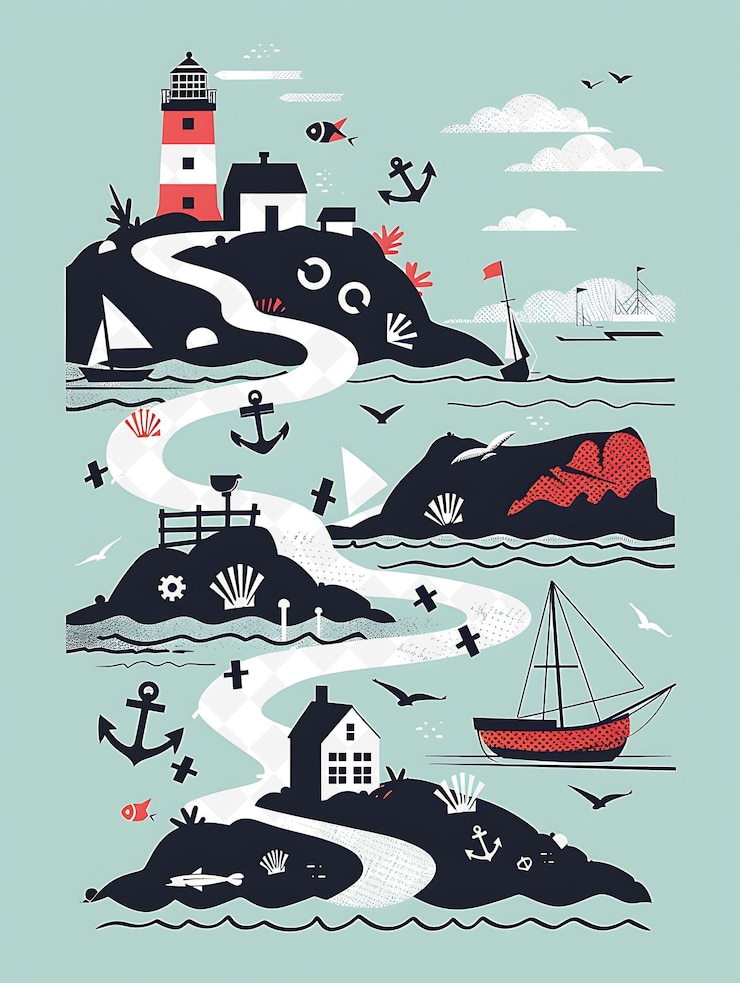 PSD a poster with a lighthouse and a boat on it