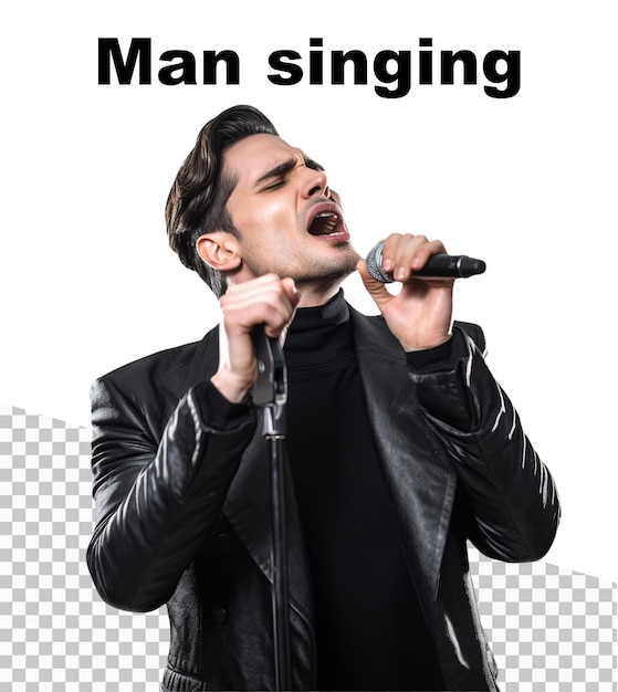 A poster with a man singing and the words Man singing on the top