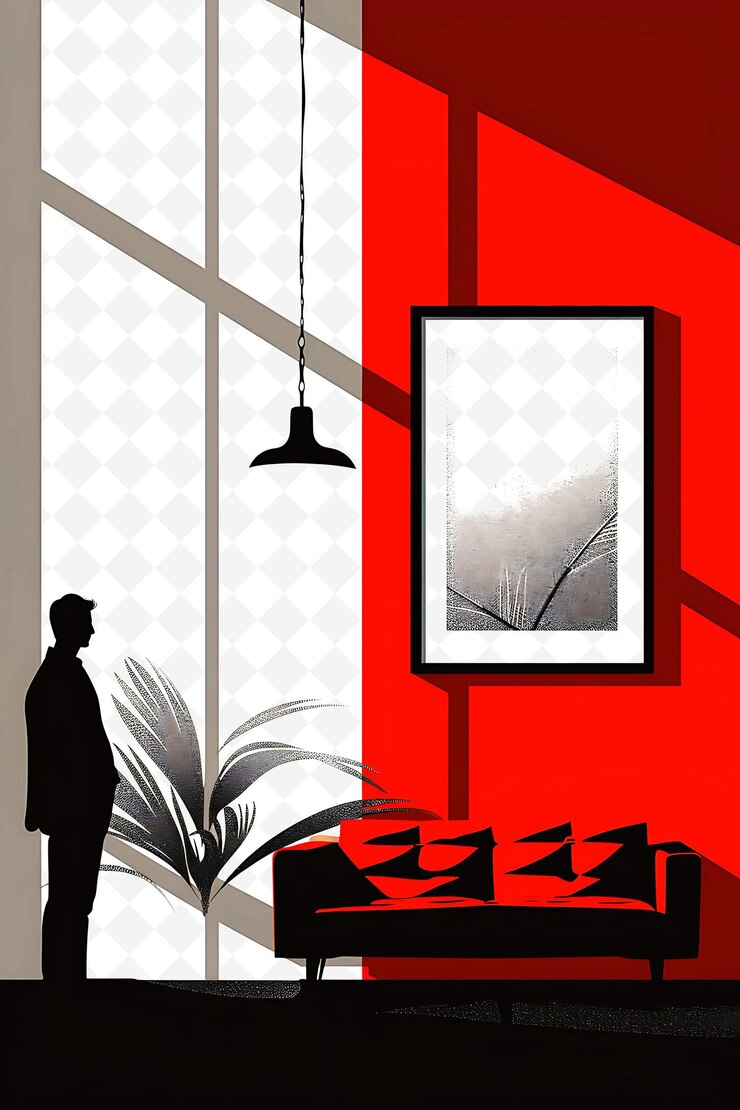 PSD a poster with a man standing in front of a window and a picture of a man in a frame